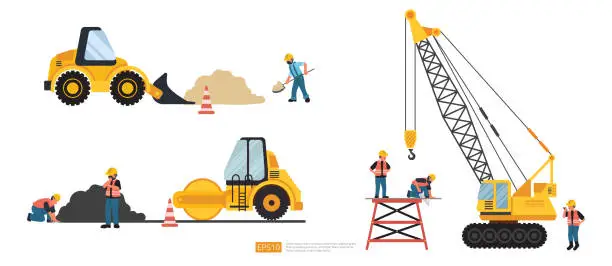 Vector illustration of Construction site. bulldozer, lifter crane vehicle, road roller. heavy equipment and Builder or worker set. Vector illustration in flat tyle.