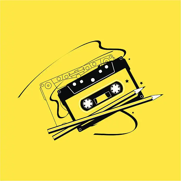Vector illustration of Audio Cassette Tape and Pencils