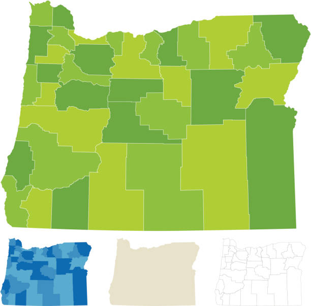 Oregon County Map "Highly-detailed Oregon county map. Each county shape is in a separate labeled layer. All layers have been alphabetized for easy manipulation, recoloring or other use. (see image below -- note: labels only available in AICS2 and AI10 files)" counties stock illustrations