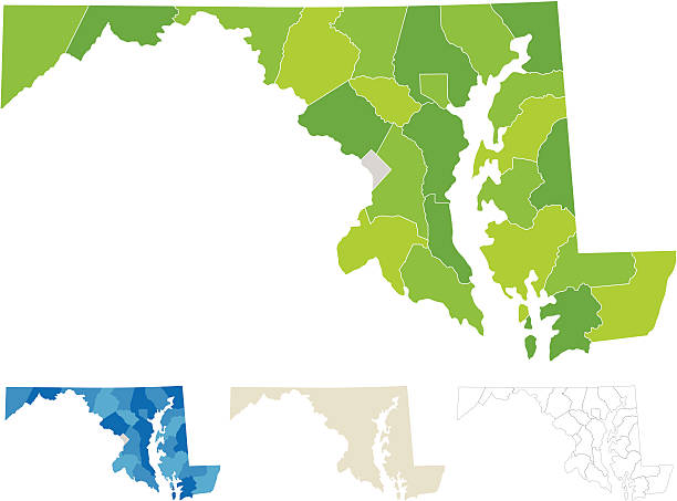 Maryland County Map "Highly-detailed Maryland county map (including D.C). Each county shape is in a separate labeled layer. All layers have been alphabetized for easy manipulation, recoloring or other use. (see image below -- note: labels only available in AICS2 and AI10 files)" maryland state colors stock illustrations