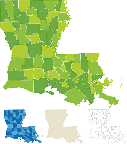 Louisiana County Parish Map "Highly-detailed Louisiana county/parish map. Each shape is in a separate labeled layer. All layers have been alphabetized for easy manipulation, recoloring or other use. (see image below -- note: labels only available in AICS2 and AI10 files)" counties stock illustrations