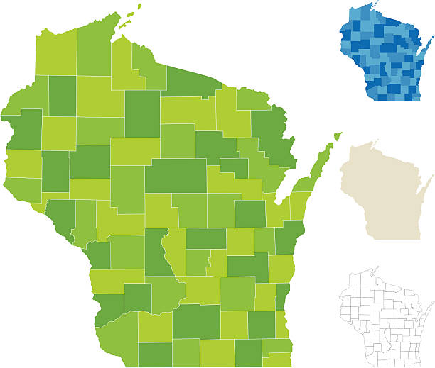 Wisconsin County Map "Highly-detailed Wisconsin county map. Each county is in it's own separate labeled layer. All layers have been alphabetized for easy manipulation, recoloring or other use. (see image below -- note: labels only available in AICS2 and AI10 files)" wisconsin stock illustrations