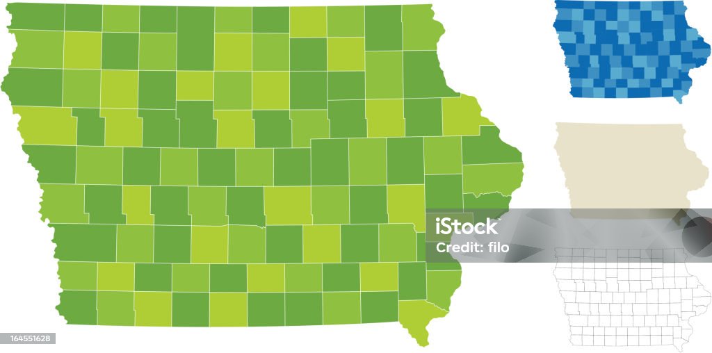 Iowa County Map "Highly-detailed Iowa county map. Each county is in a separate labeled layer. All layers have been alphabetized for easy manipulation, recoloring or other use. (see image below -- note: labels only available in AICS2 and AI10 files)" Iowa stock vector