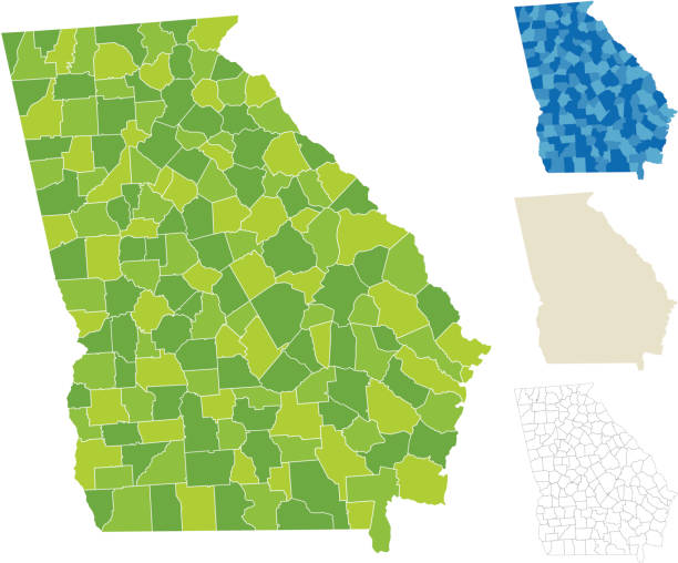 Georgia County Map "Highly-detailed Georgia county map. Each area is in a separate labeled layer. All layers have been alphabetized for easy manipulation, recoloring or other use. (see image below -- note: labels only available in AICS2 and AI10 files)" counties stock illustrations