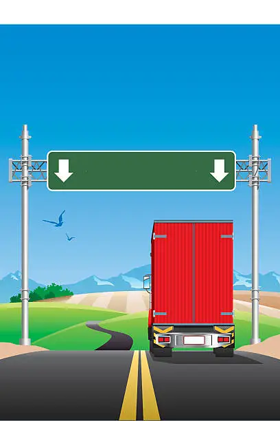 Vector illustration of Truck on the road with road signs