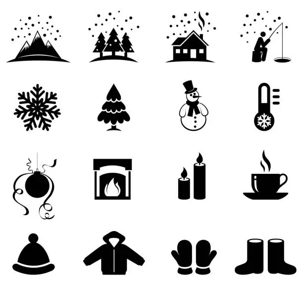 Vector illustration of Winter season black & white royalty free vector icon set