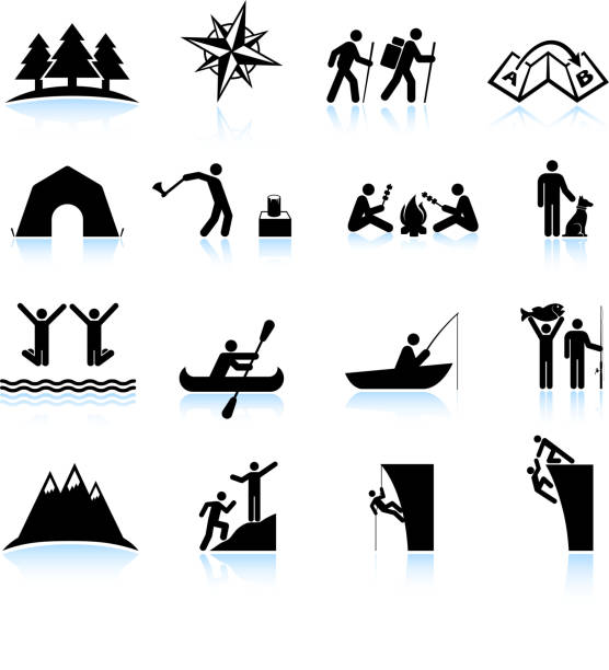 ilustraciones, imágenes clip art, dibujos animados e iconos de stock de actividades al aire libre y acampada excursionismo en verano grupo de iconos - escalada en solitario