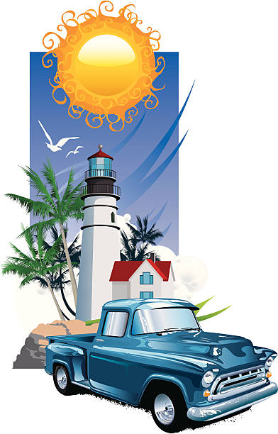 illustrazioni stock, clip art, cartoni animati e icone di tendenza di vacanze estive - pick up truck lighthouse sun retro revival