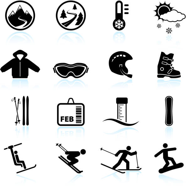 winter urlaub & schwarz-weiß vektor icon-set - skiing ski winter sport freestyle skiing stock-grafiken, -clipart, -cartoons und -symbole