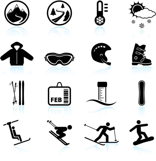 ウィンタースキーバケーションブラック&白のベクトルアイコンを設定します。 - skiing ski winter sport freestyle skiing点のイラスト素材／クリップアート素材／マンガ素材／アイコン素材