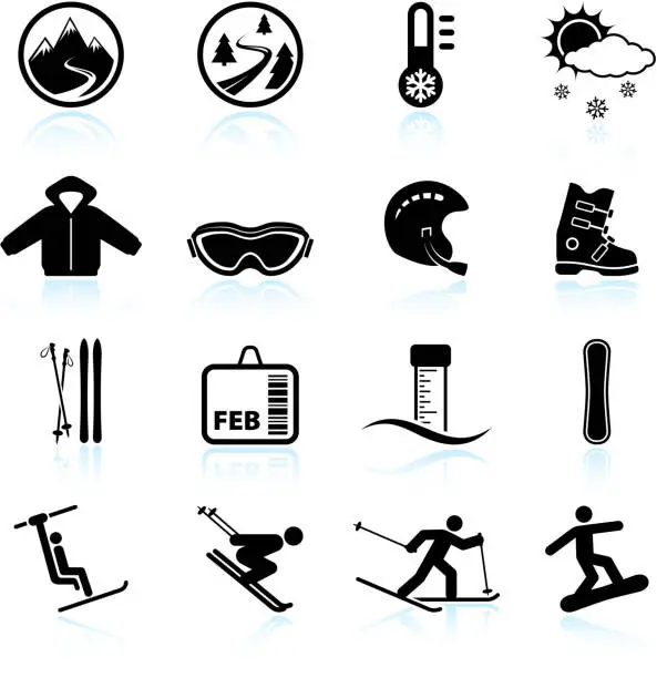 Vector illustration of Winter skiing vacation black & white vector icon set