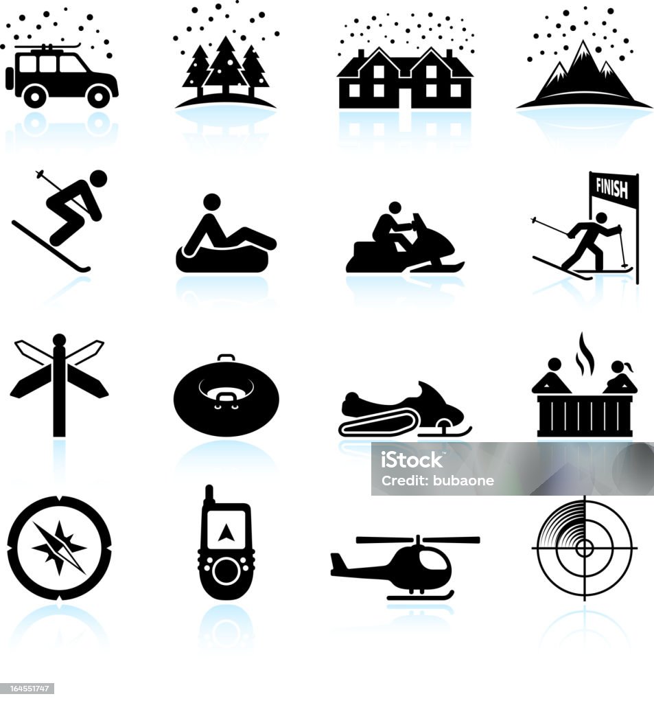 Vacaciones de invierno de ruptura blanco y negro vector icono conjunto - arte vectorial de Esquíes de fondo libre de derechos