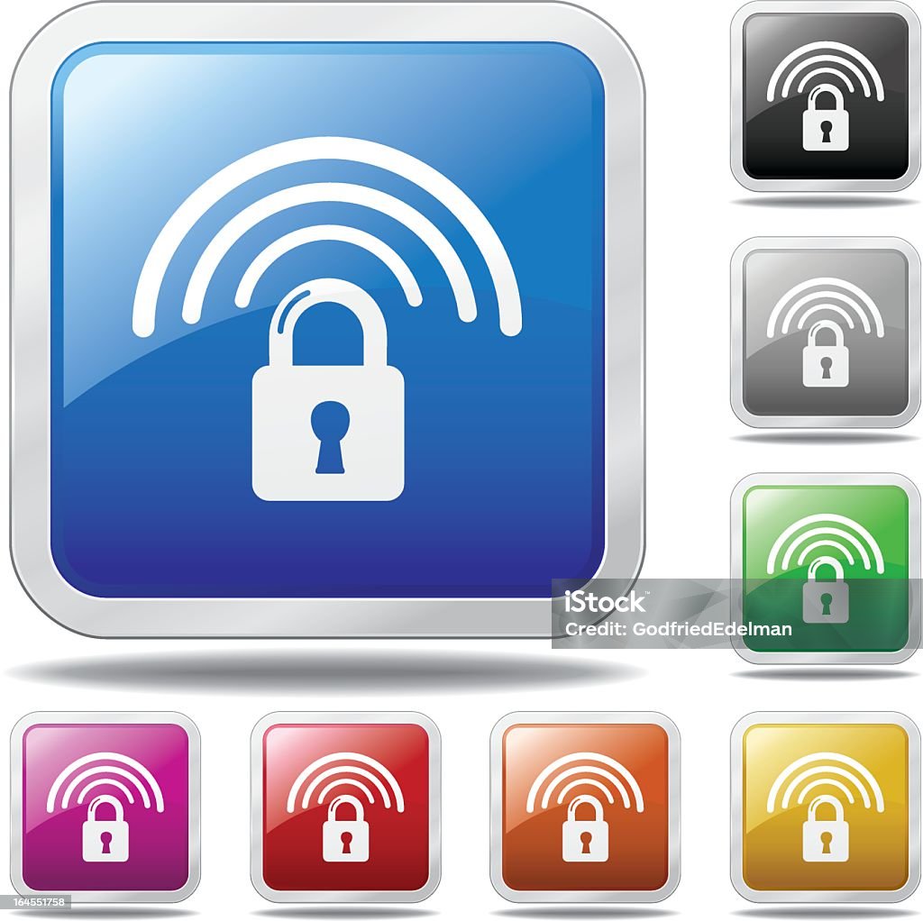 Wireless Security Icon wireless security icon in 8 different colors. Each color button is on its own layer. Colors used are compatible for both web and print (in-gamut). Aluminum stock vector