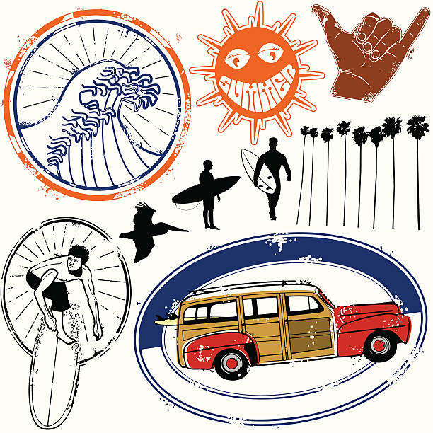surfin cali fo nai a - woodie stock illustrations