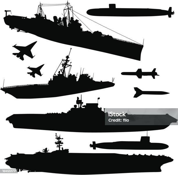 Militär Schiffe Und Elementen Stock Vektor Art und mehr Bilder von Kontur - Kontur, Unterseeboot, Flugzeugträger