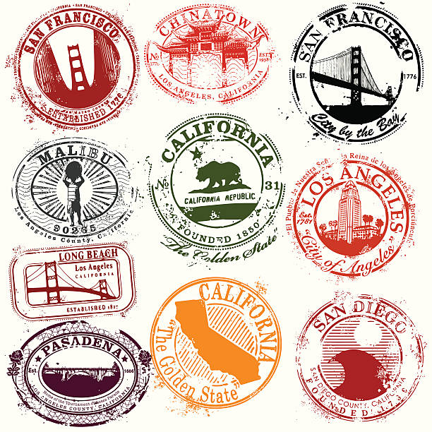 illustrations, cliparts, dessins animés et icônes de vintage de timbres de voyage en californie - golden gate bridge illustrations