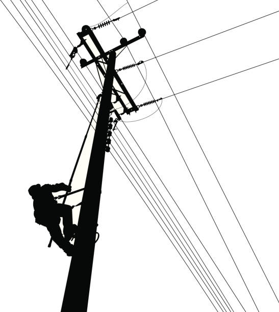 Electric Worker Climbing Silouete Electric Worker in power lines instalation process telephone pole stock illustrations