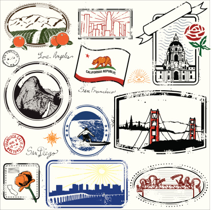 Series of stylized vintage stamps of the the state of California.