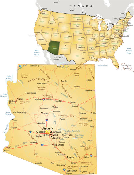 arizona "Vector illustration of map fo Arizona with major roads, rivers and lakes." glen canyon dam stock illustrations