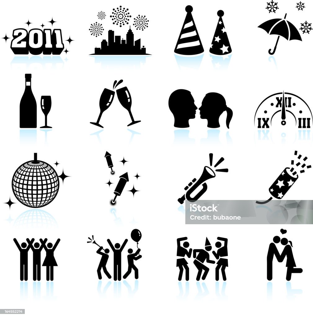 New Year celebration черный & белый вектор икона set - Векторная графика Праздничный колпак роялти-фри