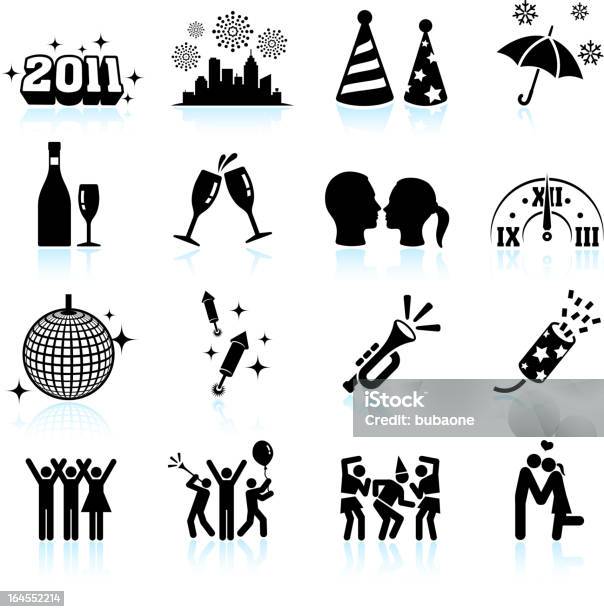 New Year Celebration Черный Белый Вектор Икона Set — стоковая векторная графика и другие изображения на тему Праздничный колпак