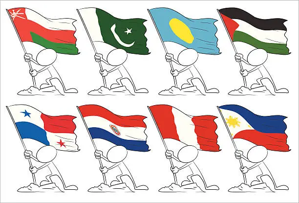 Vector illustration of faceless character with flags