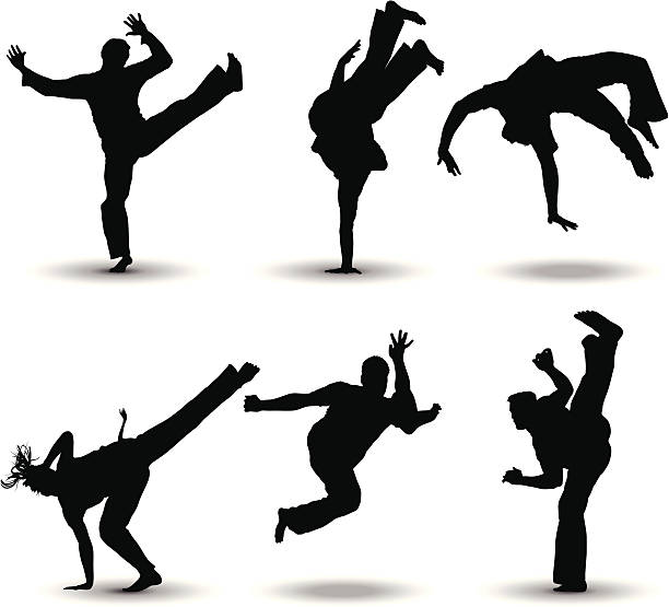 ilustrações de stock, clip art, desenhos animados e ícones de técnica de combate - karate kickboxing martial arts silhouette