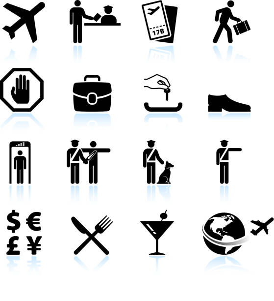Airport Check in process and business travel vector icon set Airport Check in black and white icon set metal detector security stock illustrations