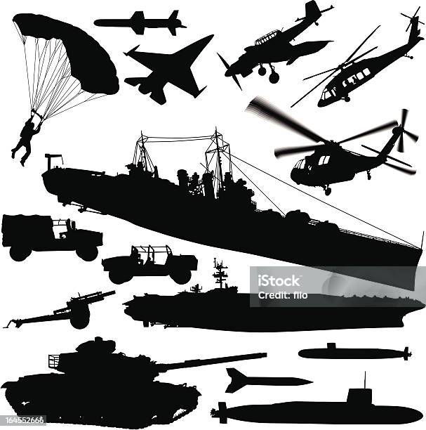 Guerra Silhouette Elementi - Immagini vettoriali stock e altre immagini di Sagoma - Controluce - Sagoma - Controluce, Forze armate, Carro armato
