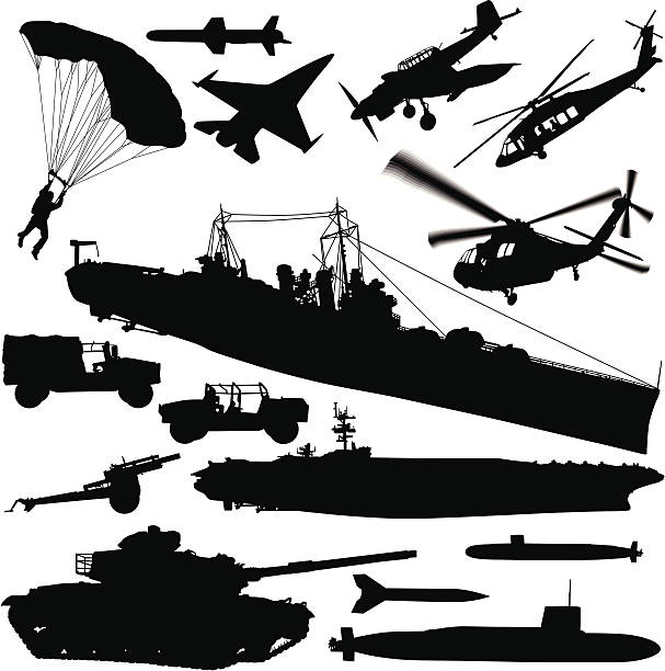 Warfare Silhouette Elements A large collection of modern warfare silhouettes. fighter plane vintage stock illustrations