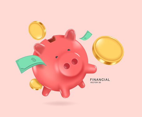 Money or gold coins float in air and fall into coin compartment of pastel pink piggy bank, vector 3d isolated for business, financial, investment advertising design and for cash back promotion design