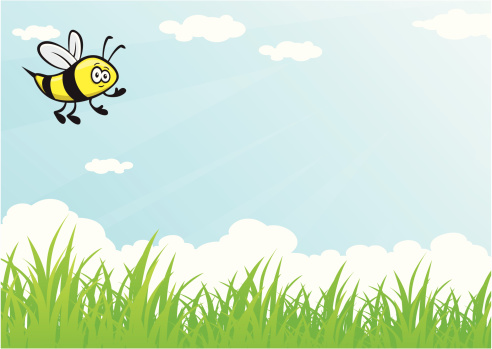 Vector Illustration of a bee flying around on a beautiful sunny day. Copy space available. File saved on layers for easy editing.