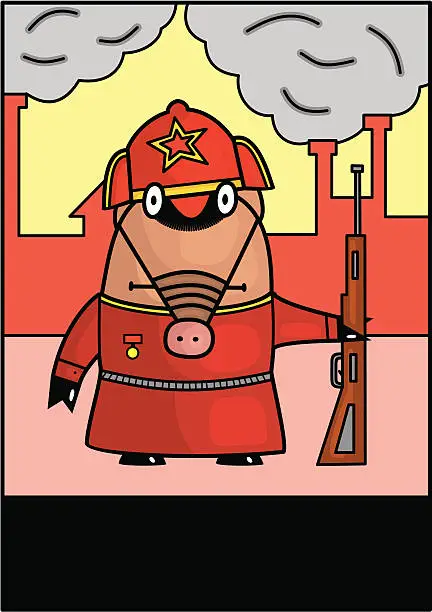 Vector illustration of Hog with rifle in red army uniform