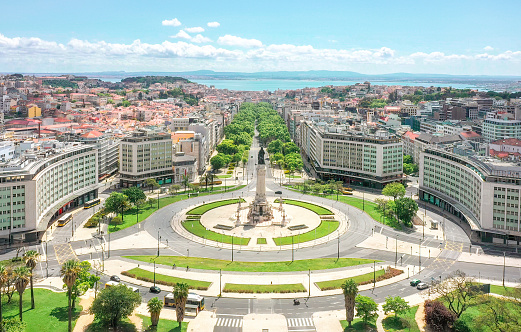 Lisbon cityscape, Portugal - Aerial view of Marques roundabout and Avenida Liberdade in Lisboa.