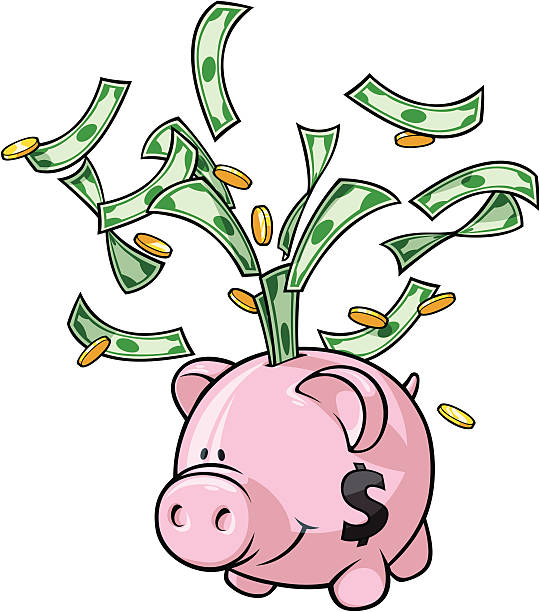 Piggy Bank Vector Illustration of a cute little piggy bank expelling it's money into the air. Nearly every element of this illustration is on a separate layer for easy editing to suit your needs. currency us paper currency dollar one dollar bill stock illustrations