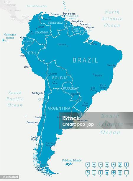 Sud America Mappa E Icone Di Navigazione - Immagini vettoriali stock e altre immagini di America del Sud - America del Sud, Blu, Carta geografica