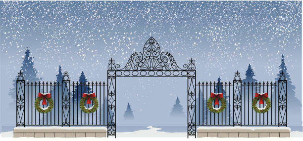Iron Gateway Christsmas Scene Vector Christmas Snowscene with Wrought Iron Gate in foreground. rail fence stock illustrations