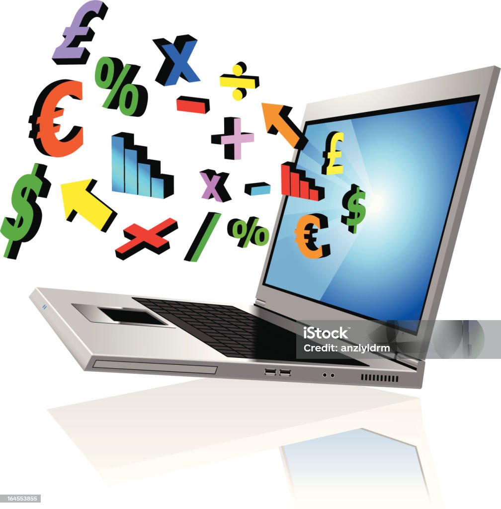 Financial Symbols from a Laptop Illustration of Financial Symbols flying out of a Laptop Screen (Pdf(6) and Ai(8) files are included) Arrow Symbol stock vector