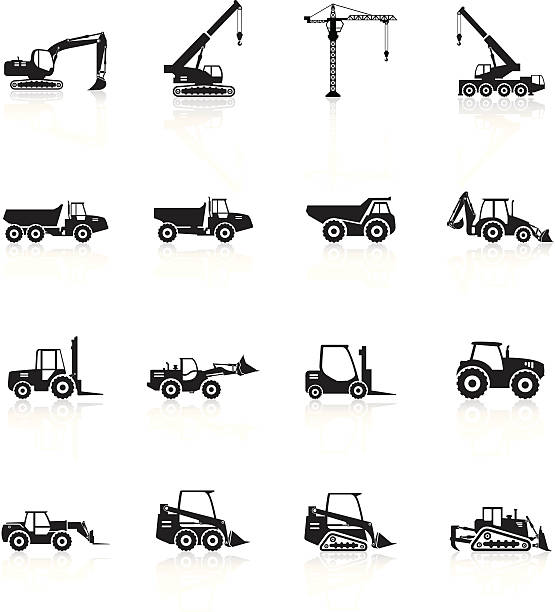 illustrazioni stock, clip art, cartoni animati e icone di tendenza di silhouette di veicoli da costruzione su bianco - crane construction equipment construction equipment