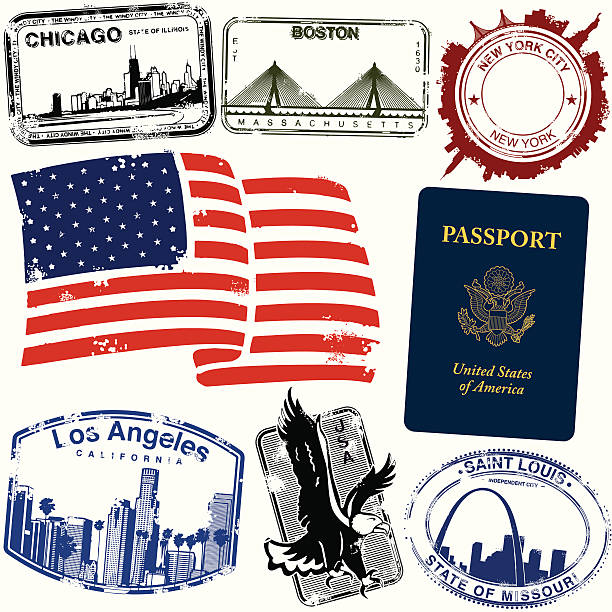 US City Stamps Series of stylized American vintage/retro city stamps san francisco flag stock illustrations
