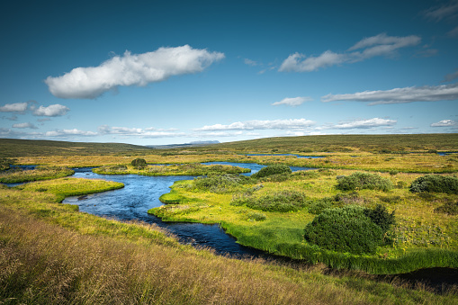 Idyllic landscape with the Laxa river in Iceland on a sunny summer day.