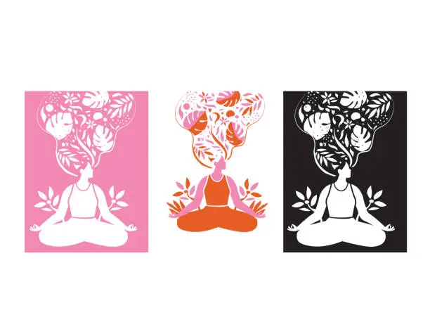 Vector illustration of yoga girl  meditation doodle  with nature illustration