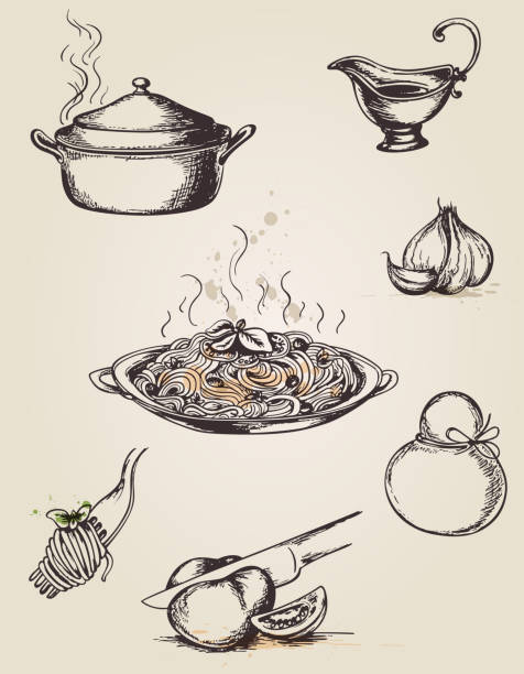 stockillustraties, clipart, cartoons en iconen met vintage hand drawn pasta - koperen pan