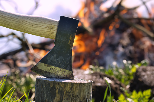 Axe embedded in the stump of a tree in close up, burning campfire in the background, outdoor activities such as chopping wood, splitting logs or environmental resource management