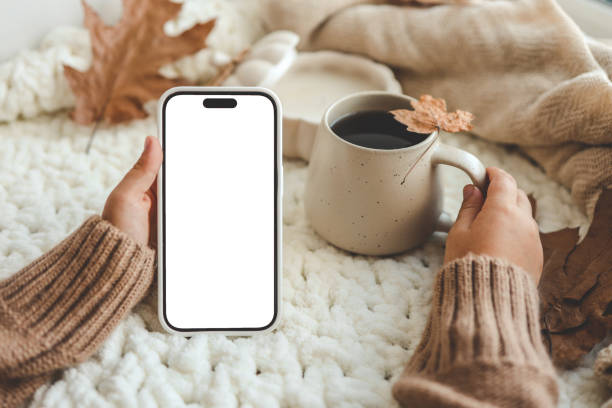 istock Phone with an isolated screen in hands, autumn mood 1645600387