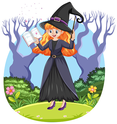 A fantasy witch casts a spell in a mystical forest, surrounded by trees and wildlife