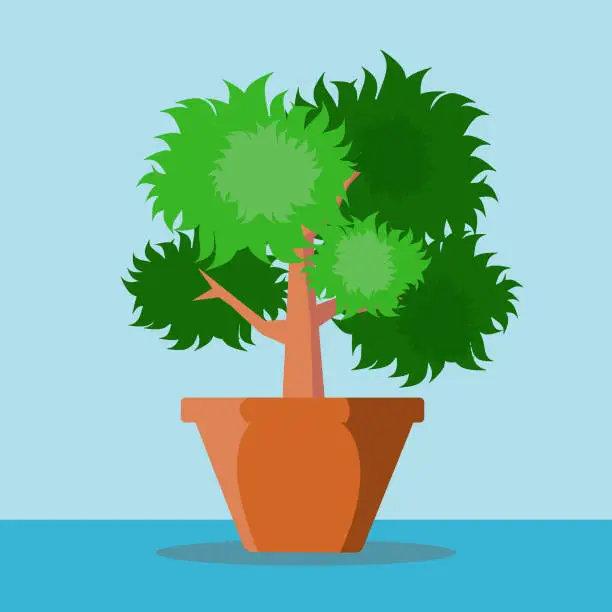 Vector illustration of Vector of  Brown plant pot. with bright green leaves, many shades