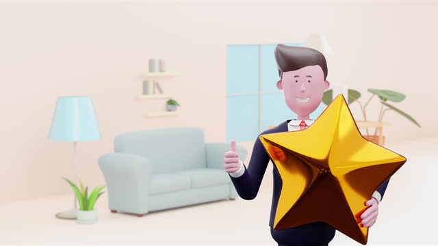 3d Animation cartoon suit man holding a big star and thumb up. outstanding employees get stars.