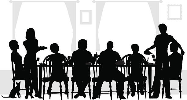 Eight family members eating at the table with wine  Editable vector silhouettes of a family dining together with all elements as separate objects lunch silhouettes stock illustrations