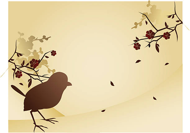 illustrazioni stock, clip art, cartoni animati e icone di tendenza di uccello con motivo - patternflowerbirdshadowbrownleavestreejapanesechineseillustration